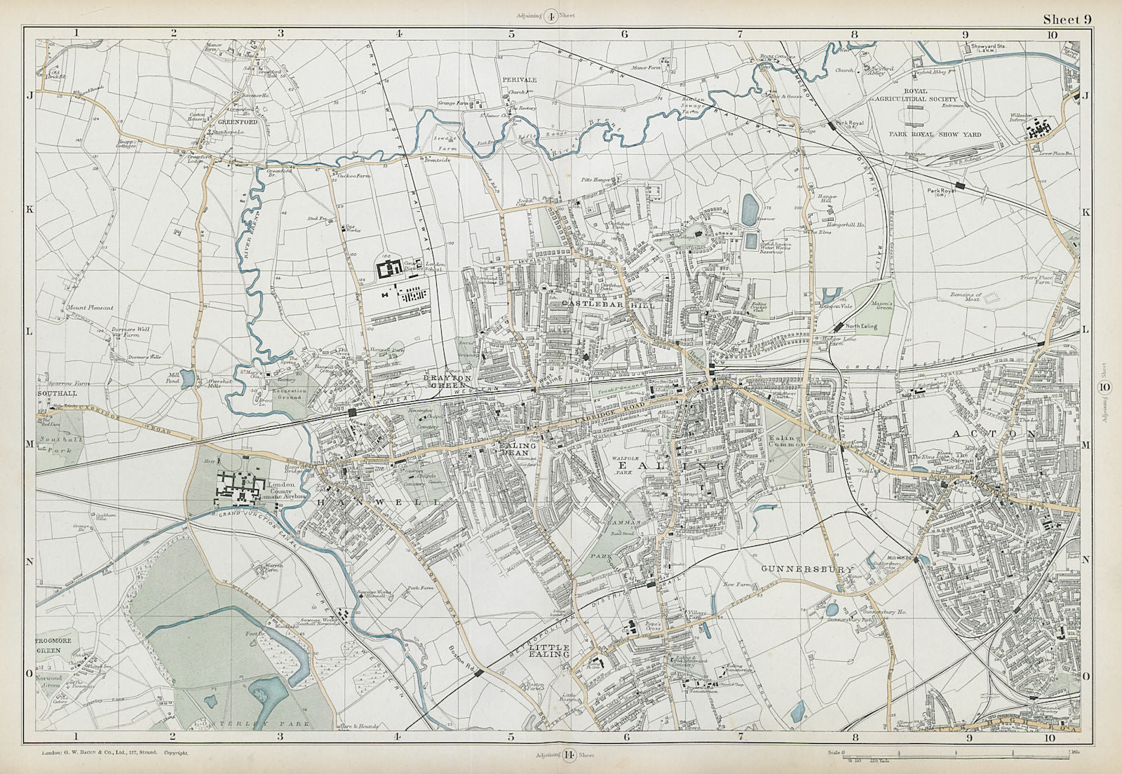 EALING/ACTON Greenford Hanwell Gunnersbury Perivale Hanger Lane. BACON  1906 map